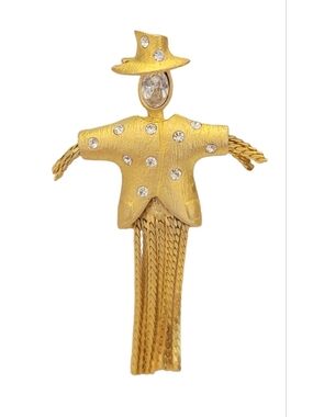 Gold-tone Scarecrow Tassel Brooch with Rhinestones